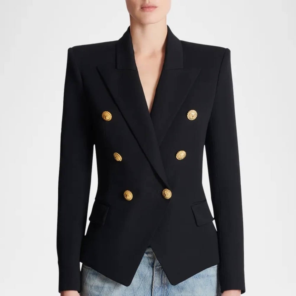 Double Breasted Wool Blazer with Gold Button Detail